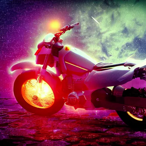 Prompt: a motorcycle floating in space inside magic colorful glowing sparkling fog, starry sky, tranquil, desolate, atmospheric, hazy, autochrome, 8k, photo, octane render, unreal engine 5