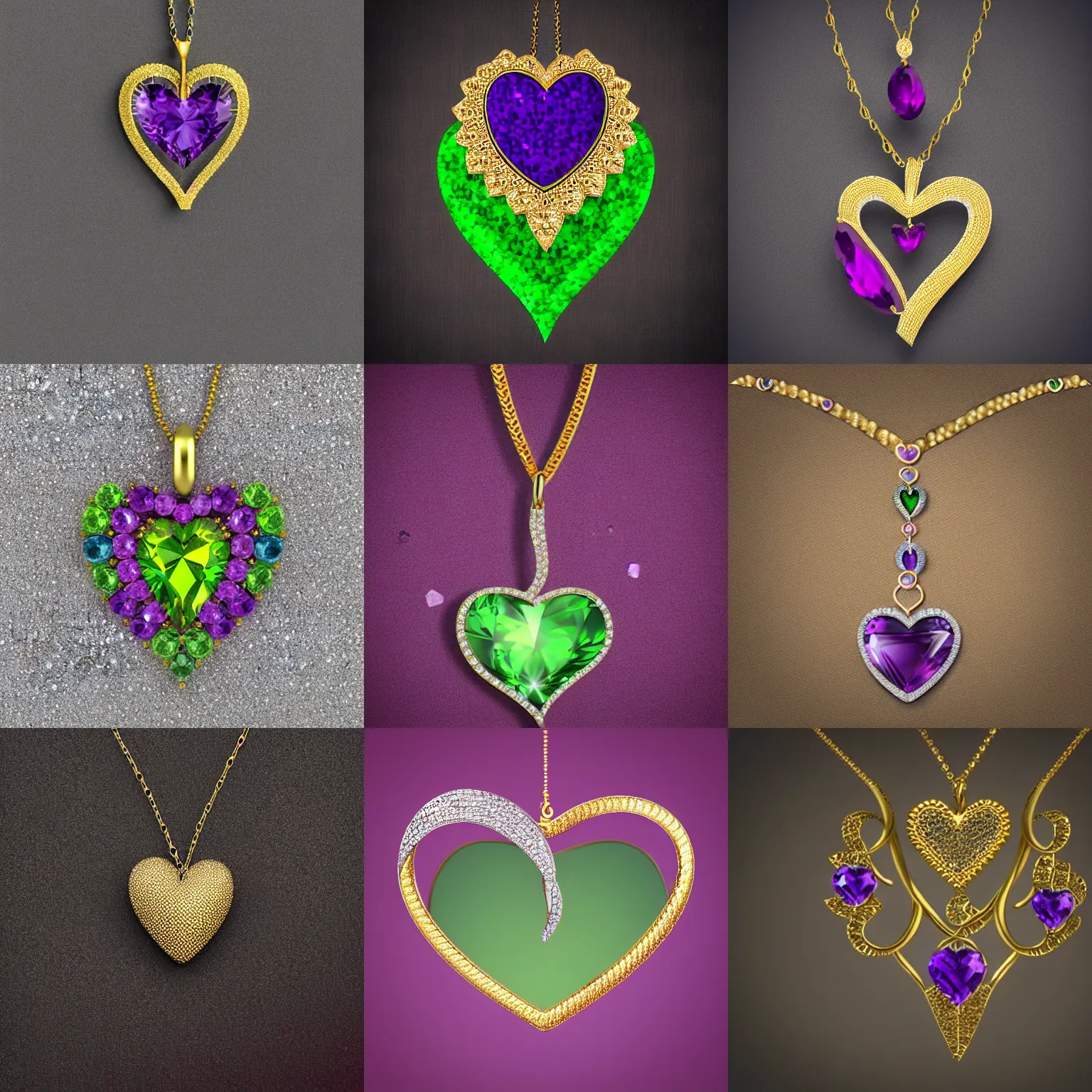 Prompt: mystical gold and diamond thin curly heart shaped necklace hanger with fine purple and green stones, very realistic, ultra detailed, centered, octane render, elegant, on dark background