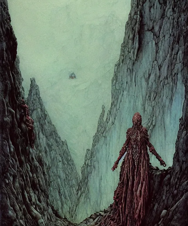 Image similar to a detailed mantiswoman stands among the mountains. wearing a ripped mantle, robe. perfect faces, extremely high details, realistic, fantasy art, solo, masterpiece, art by zdzislaw beksinski, arthur rackham, dariusz zawadzki