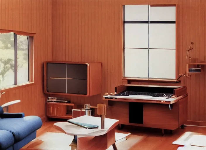 Image similar to 1 9 8 0 s living room with wood panel walls with apple iie computer in the corner on a roll - top desk and television on top