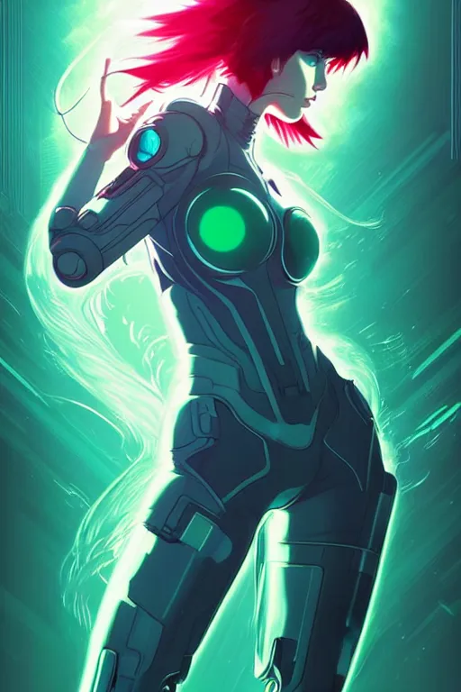 Prompt: style artgerm, joshua middleton, illustration, scarlett johansson as cyber punk warrior ghost in the shell wearing green pelt light armor, anime eyes, blue hair, swirling water cosmos, fantasy, dnd, cinematic lighting