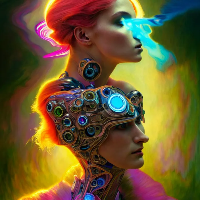 Image similar to bright psychedelic portrait of organic cyborg, wings, volumetric smoke, diffuse lighting, fantasy, intricate, elegant, highly detailed, lifelike, photorealistic, digital painting, artstation, illustration, concept art, smooth, sharp focus, art by John Collier and Albert Aublet and Krenz Cushart and Artem Demura and Alphonse Mucha