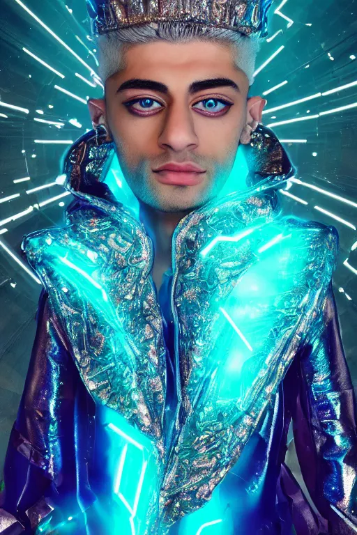 Image similar to hyper detailed ultra sharp portrait of baroque and bladerunner delicate neon diamond sculpture of seductive albino pharaoh zayn malik, diamond blue sphinx iridescent humanoid deity wearing metallic hoody made out of hands holding the sun prismatic dungeon, glowing blue face, crown of white diamonds, cinematic lighting, photorealistic, octane render 8 k depth of field 3 d