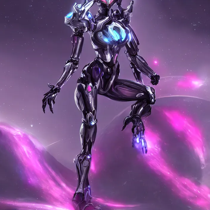 Image similar to cinematic shot, bust, cosmic sized perfectly proportioned stunning beautiful hot female warframe, anthropomorphic robot mecha female dragon, silver, fuschia leds, floating in empty space, nebula sized, holding a galaxy, epic proportions, epic size, epic scale, furry art, dragon art, giantess art, warframe fanart, furaffinity, deviantart
