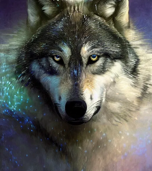 Image similar to wolf hyperrealistic portrait, surrounded by silver wires, dripping moonstone and white nightshade flowers, moonlit, cool toned, by jeremy mann and alphonse mucha, fantasy art, photo realistic, dynamic lighting, artstation, poster, volumetric lighting, dramatic light, very detailed faces, 8 k, award winning