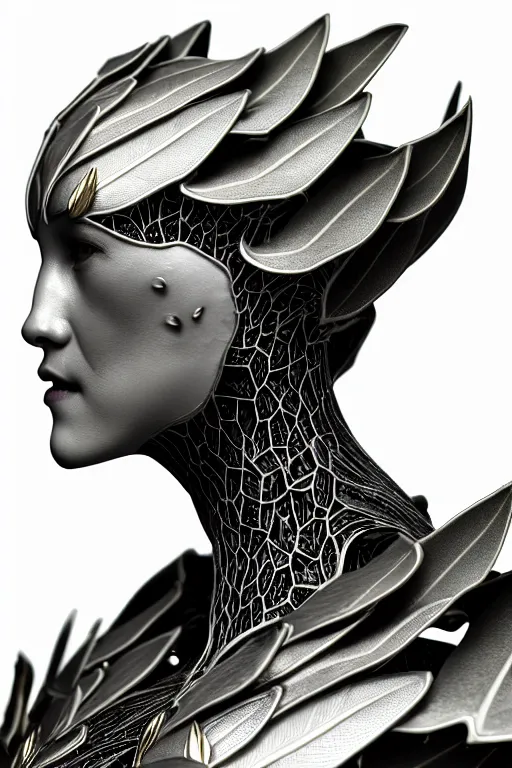 Image similar to monochrome close - up profile face, black background, beautiful young porcelain bio - mechanical vegetal - dragon - cyborg - female, white metallic armour, silver gold details, magnolia leaves and stems, roots, mandelbot fractal, 1 5 0 mm, beautiful natural soft rim light, elegant, hyper real, ultra detailed, octane render, 1 6 k