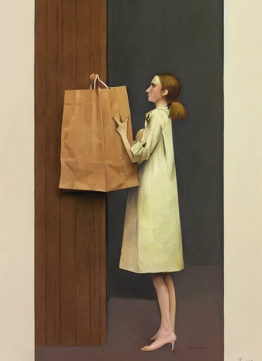 Image similar to woman wearing paper bags for clothes standing inside paper bags at store display Edward Hopper and James Gilleard, Zdzislaw Beksinski, highly detailed