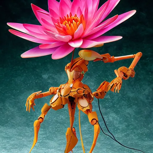 Prompt: futuristic nymphaea themed mecha waterlily upper body four arms vines, flower sepals forming helmet, evangelion, nymphaea, 8 k hd resolution, barbatos gundam with floral inlay, bandai box art, star wars, makoto kobayashi, frank gehry, raymond swanland