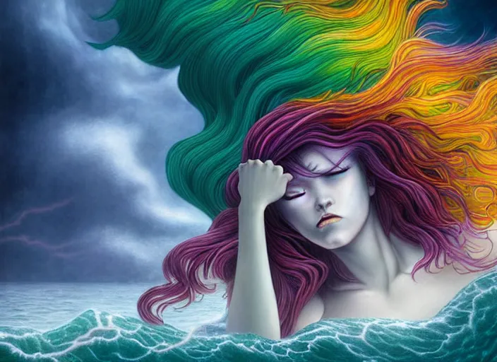 Prompt: realistic detailed image of a mermaid with rainbow hair swimming in an angry, stormy sea, anime art, anime, inspired by Mark Ryden and Zdzislaw Beksinski, gothic, rich deep colors. A masterpiece.