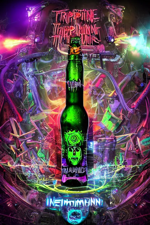 Prompt: photo of a beerbottle, band merchandise, bandname is tripmachine, tourname is invasion of the tripmachines, realistic digital art, label is printed with a 3 d render of a huge futuristic steampunk generator, 8 k, fluorescent colors, halluzinogenic, multicolored, exaggerated detailed, unreal engine