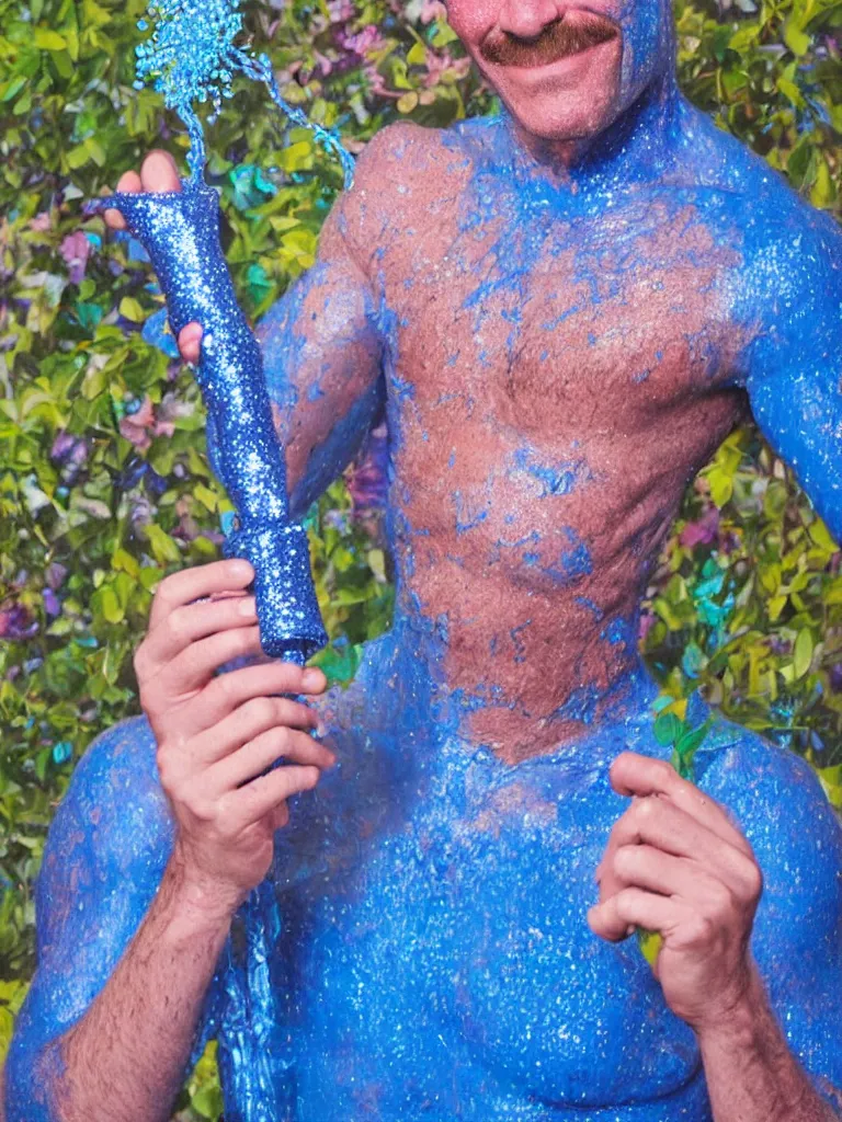 Image similar to Tobias fünke as a Blue Man drinking glitter from a garden hose, highly detailed portrait