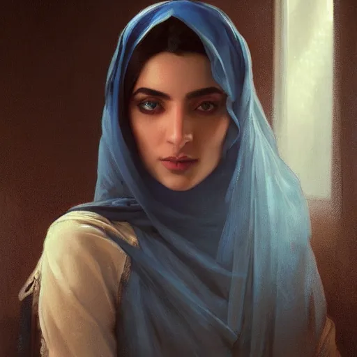 Image similar to a Photorealistic dramatic hyperrealistic render of an arab ameera al taweel, blue eyes, black hair, white veil,by WLOP,Artgerm,Greg Rutkowski,Alphonse Mucha, Beautiful dynamic dramatic dark moody lighting,shadows,cinematic atmosphere,Artstation,concept design art,Octane render,8K