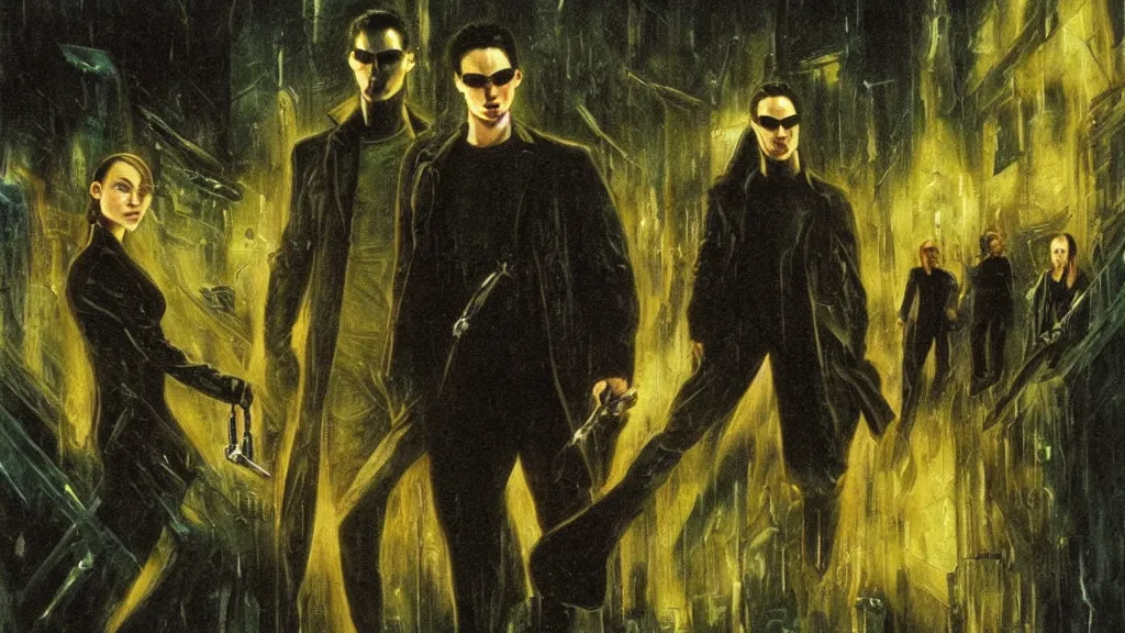 Image similar to an oil painting in the style of alan lee depicting the movie the matrix ( 1 9 9 9 )