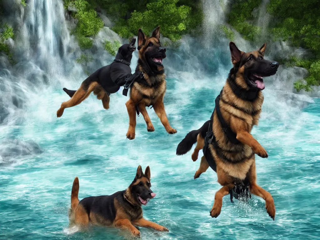 Prompt: A German shepherd and a Labrador retriever going for a swim beneath a waterfall, hyperrealistic, trending on Artstation
