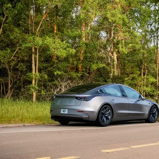 Image similar to Steam engined Tesla Model 3 on a rural highway