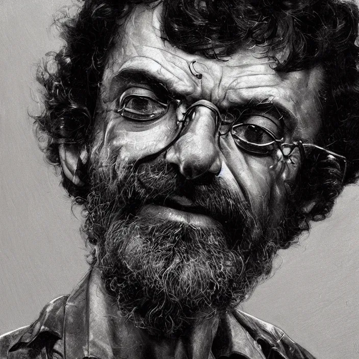 Image similar to a dark close - up retrofuturistic portrait of terence mckenna. reflective detailed textures. soft gloomy dark background. highly detailed fantasy science fiction painting by moebius, norman rockwell, frank frazetta, and syd mead. rich colors, high contrast. artstation