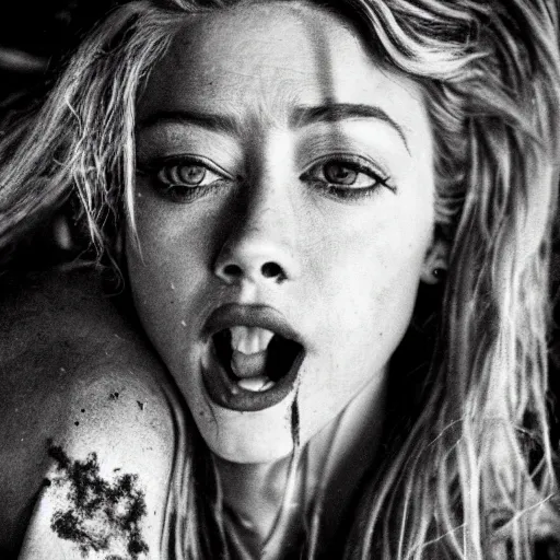 Image similar to a cracked out amber heard on hollywood boulevard, homeless, tattered clothes