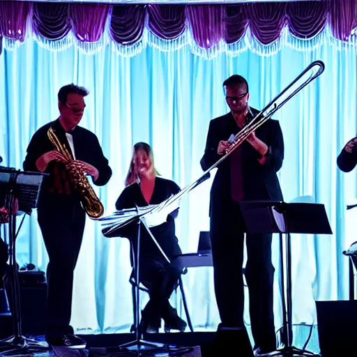 Prompt: a jazz band on stage with curtains and lights in the background
