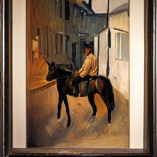 Prompt: painting of a man on a horse in a Dublin alleyway, painted by George Bellows, 1905, detailed brushstrokes