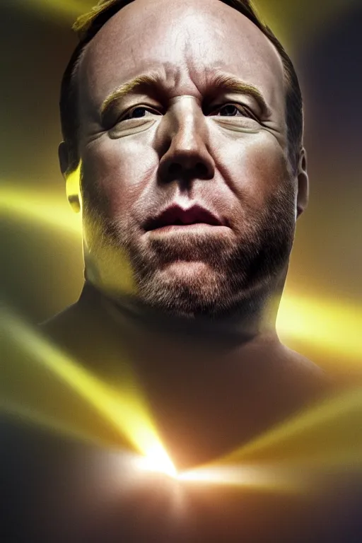 Prompt: A hyper realistic ultra realistic photograph of Alex Jones as the second coming of christ, his head surrounded by light, his face sliding off his skull by Brandon Hughes , detailed, photorealistic imagery, 8k quality, milk coming out of his eyes