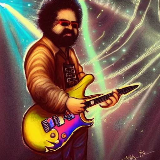 Image similar to a Jerry Garcia guitarist playing so intensely there is electricity shooting out from his guitar, energy beams under his finger tips, and magic sparkles from the freboard, amazing ditial art, trending on artstation, featured on deviantart