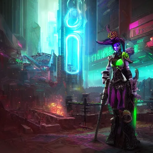 Image similar to world of warcraft cyberpunk version photo realistic