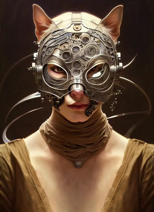 Prompt: organic cyborg, cat mask opening, diffuse lighting, fantasy, intricate, elegant, highly detailed, lifelike, photorealistic, digital painting, artstation, illustration, concept art, smooth, sharp focus, art by John Collier and Albert Aublet and Krenz Cushart and Artem Demura and Alphonse Mucha