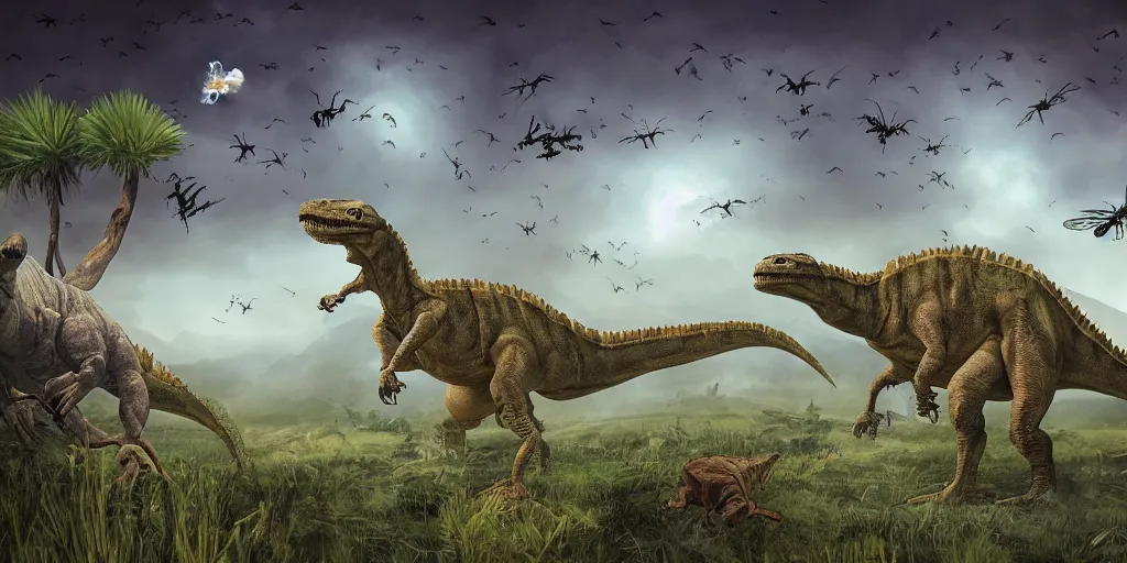 Prompt: exciting and spooky adventure landscape featuring dinosaurs and flying insects