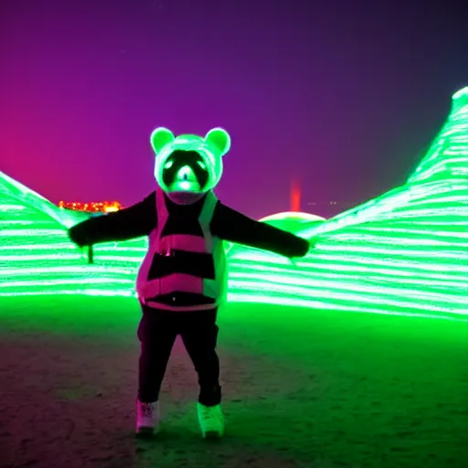 Image similar to a panda wearing led - lined clothing dancing at night on a busy playa at burning man