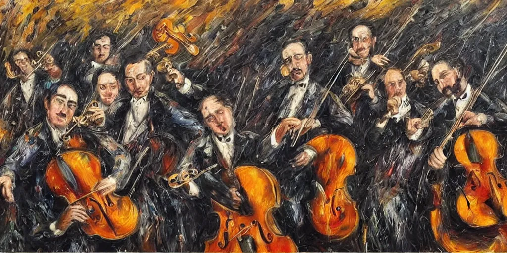 Image similar to an ultra detailed oil painting which interprets the harmony of a symphony, instruments, orchestra, sheet music, pierre soulages, jackson pollock, triadic color scheme