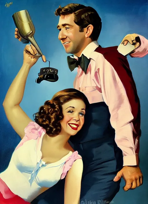 Prompt: portrait painting of jim halpert and pam beesly, happy couple, in the style of gil elvgren