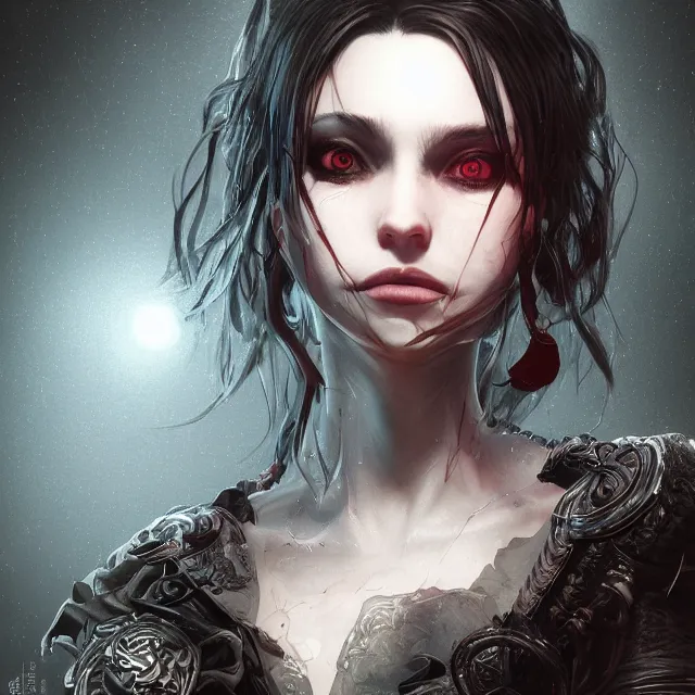 Prompt: the portrait of the neutral evil fallen female dark knight vagabond as absurdly beautiful, gorgeous, elegant, sophisticated, realistic young european idol, an ultrafine hyperdetailed illustration by irakli nadar, intricate linework, bright colors, octopath traveler, final fantasy, unreal engine highly rendered, global illumination, radiant light, detailed and intricate environment
