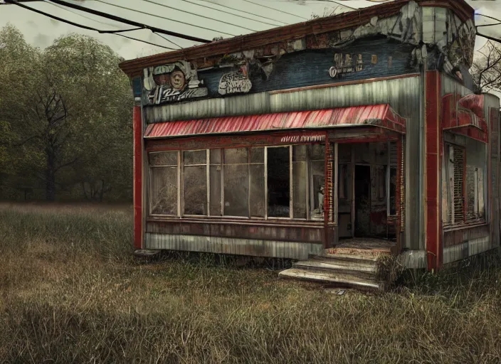 Image similar to exterior of an abandoned american diner, taken over by nature, gothic style, hyperrealistic and beautiful painting, 8 k resolution, by hugh ferris and john smith, polished, fine detail, intricate, smooth, octane, concept art, trending on artstation