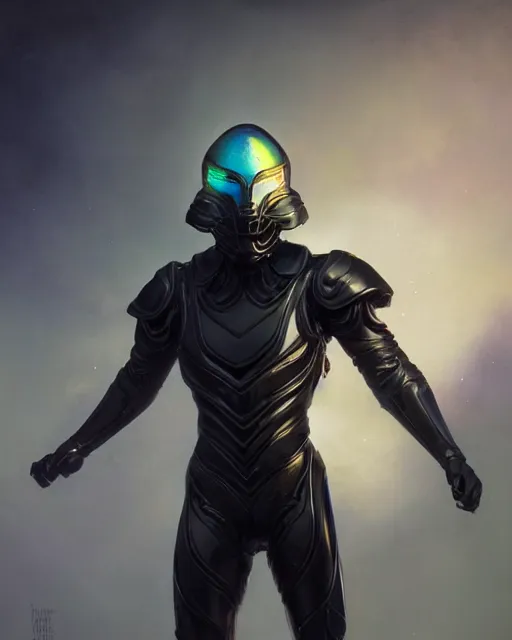 Image similar to iridescent sinewy smooth muscular male sleek glossy black pearlescent scifi armor with smooth black featureless helmet, by greg rutkowski, mark brookes, jim burns, tom bagshaw, magali villeneuve, trending on artstation