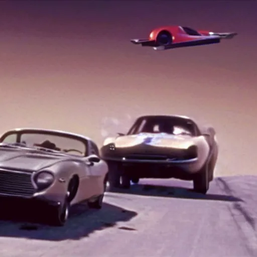 Image similar to car chased by anothrr car which is flying in the sky, movie still of James bond