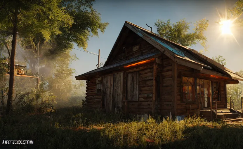Image similar to photorealistic cyberpunk rustic metal cabin in a lush dessert oasis. daylight. sunlight. lens flare. light fixtures. 8K. detailed. photorealism. artstation. 25mm f/1.7 ASPH Lens. ultra realistic