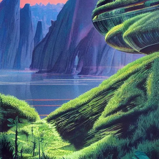 Image similar to beautiful illustration of a lush natural scene on an alien planet by vincent di fate. science fiction. extremely detailed. beautiful landscape. weird vegetation. cliffs and water.