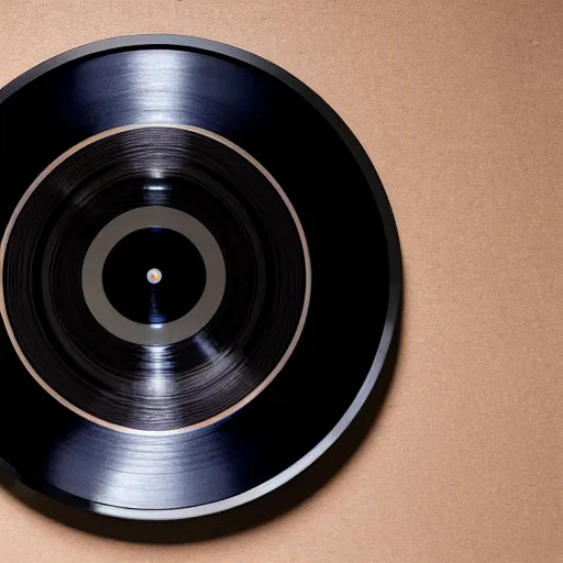 Image similar to a studio photograph of a black framed vinyl record, diffuse lighting