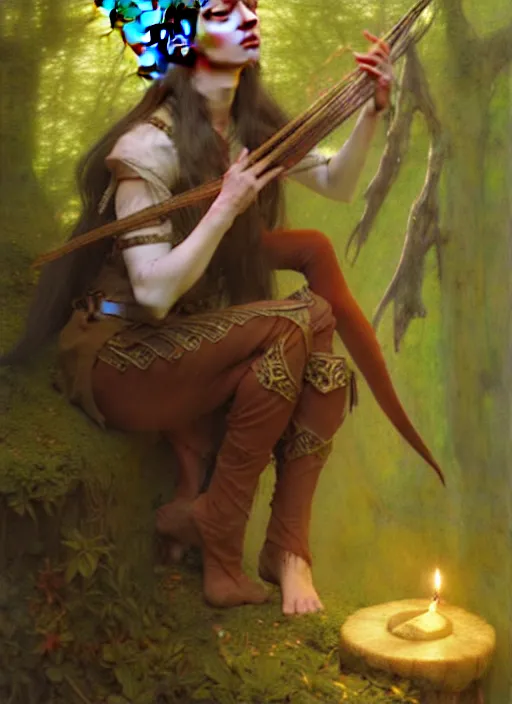 Prompt: forest elf bard playing lute, full body, hyper realistic, extremely detailed, dnd character art portrait, dark fantasy art, intricate fantasy painting, dramatic lighting, vivid colors, deviantart, artstation, by edgar maxence and krenz cushart and artem demura and john williams waterhouse