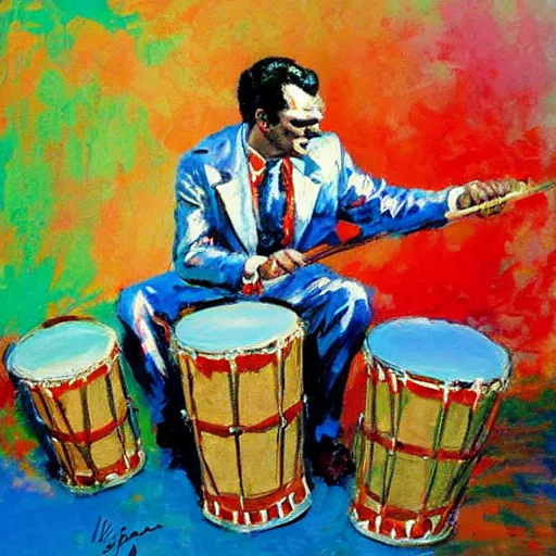 Prompt: painting of gene krupa playing a drum solo, by leroy neiman, hd, detailed, award winning