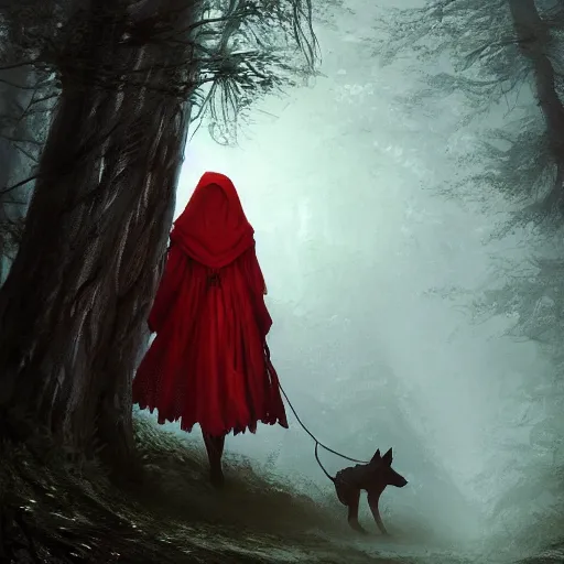 Prompt: little red ridinghood on a dark moonlight forest path being stalked by a wolf, darkwave, darksynth, concept art, sharp, digital matte painting, art by, greg rutkowski, wlop, dramatic lighting, trending on artstation