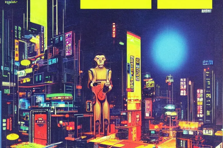 Prompt: 1979 OMNI Magazine Cover of an humanoid monkey in Neo-Tokyo in cyberpunk style by Vincent Di Fate