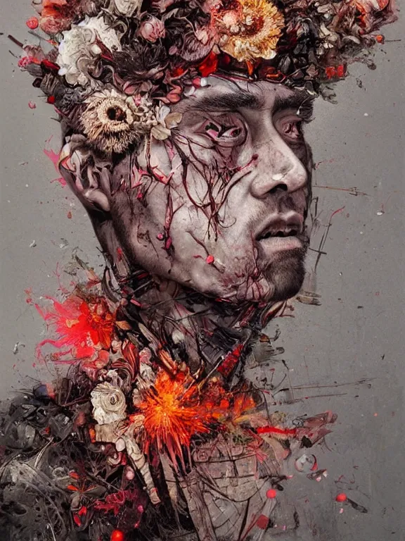 Image similar to art portrait of a man with flowers exploding out of head, cameras, decaying ,8k,by tristan eaton,Stanley Artgermm,Tom Bagshaw,Greg Rutkowski,Carne Griffiths, Ayami Kojima, Beksinski, Giger,trending on DeviantArt,face enhance,hyper detailed,minimalist,cybernetic, android, blade runner,full of colour,