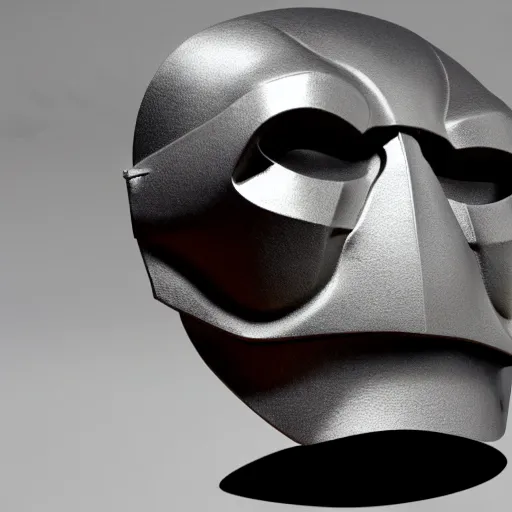 Image similar to MF DOOM mask, highly detailed photo realistic render, shadows, sculpture