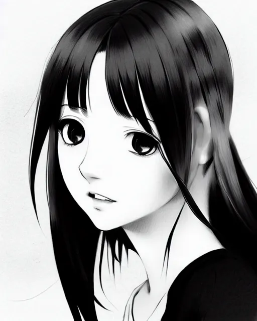 Image similar to portrait of cute girl, illustration concept art, anime, manga, pencil sketch, black and white trending pixiv fanbox, art by ilya kuvshinov