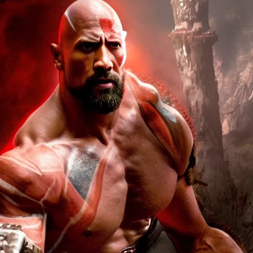 Prompt: Film still of Dwayne Johnson as Kratos, from God of War (2018 video game)