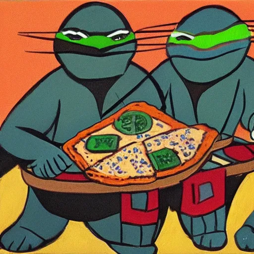 painting of the ninja turtles eating pizza, by picasso. Stable