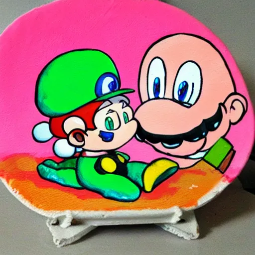 Prompt: oil on styrofoam crust - painting with melt of the yoshi story where baby mario is eaten by kirby