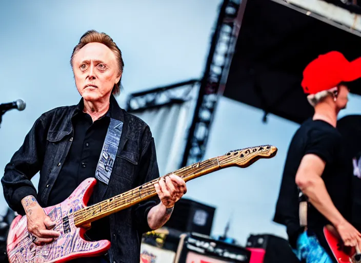 Image similar to photo still of christopher walken on stage at vans warped tour!!!!!!!! at age 5 5 years old 5 5 years of age!!!!!!! shredding on guitar, 8 k, 8 5 mm f 1. 8, studio lighting, rim light, right side key light