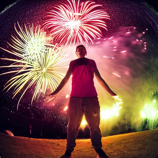 Image similar to a fireworks / human hybrid, fisheye photo